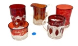 Five pieces of antique red souvenir glass