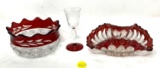 Two antique red souvenir glass candy dishes and one goblet