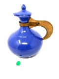 Vintage periwinkle tea pot with wooden handle, 565