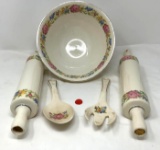 Antique Harker pottery bowl, rolling pins, spoon and salad fork