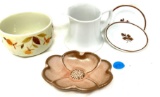 Vintage white creamer (Japan), Frankoma, jewel tea cup and royal ironstone china plates