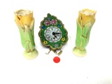 Two vintage USA 1115 vases and a made in Germany clock