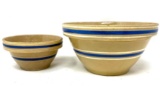 Two antique crock bowls with blue and white rings