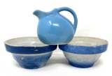 Two antique blue and white crock bowls and creamer