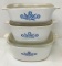Three vintage corning ware cornflower blue casserole dishes with lids