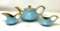 Blue and gold tea pot, cream and sugar