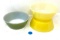 One green federal and two yellow anchor hocking fire king dishes