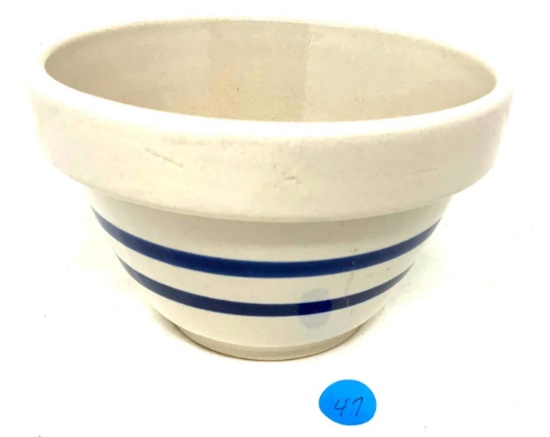 Antique R.R.P. Co. Roseville crock bowl with blue bands
