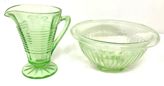 Vintage green depression creamer and bowl