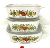 Three rare vintage corning ware spice of life dishes with lids