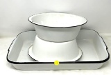 Two white and black enamel ware bowls and one pan