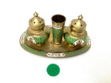 Vintage brass and green and white set salt/pepper Thailand