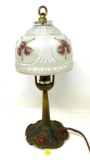 Antique cast iron base lamp with glass painted shade ? electrified