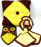Vintage brown and yellow crocheted pillow, doll and owl