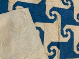Monkey wrench or snails trail blue and white hand sewn quilt 1940s