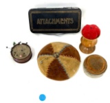 Vintage pincushions and a tin attachments box