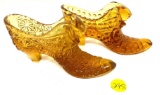 Two vintage glass shoes amber - one hobnail