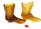 Two vintage amber glass boots- one Fenton