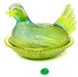 Green carnival glass hen on nest