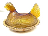 Vintage Amber carnival glass hen on nest