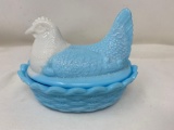 Vintage blue and white milk glass hen on nest