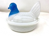 Vintage milk glass hen on nest with blue head