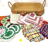 Assorted vintage hot pads and 9 x 13 carrier