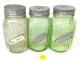 Three antique green depression spice jars