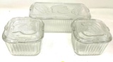 Three vintage Federal ribbed glass refrigerator dishes with lids