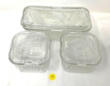 Three Vintage federal glass refrigerator dishes with lids