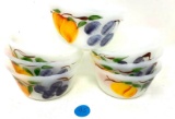 Seven fire king 6 oz milk glass cups with hand painted fruit
