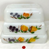 Three vintage fire king milk glass baking dishes with painted fruit