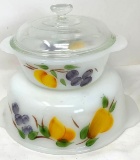 Two vintage fire king milk glass casserole dishes with painted fruit one lid