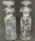 2 - vintage etched glass oil and vinegar cruets with glass stoppers