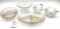 Assorted vintage gold rimmed glass serving pieces, devided relish, footed bowl, cream and sugar