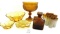 Assorted vintage amber glassware, stemmed bowl, decanter, shooter glasses, bowls