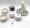 Assorted ceramic decor, piggy banks, cat, coffee mug