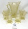 Antique yellow Florentine No. 2 Hazel glass Co pitcher and goblets
