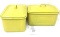 Two vintage yellow enamel loaf pans with lids