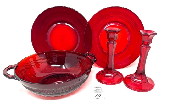 Two vintage red 9 in. plates, handled coronation banded rib Saxton bowl and candleholders