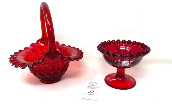 Vintage red Fenton basket and hand painted red candy dish