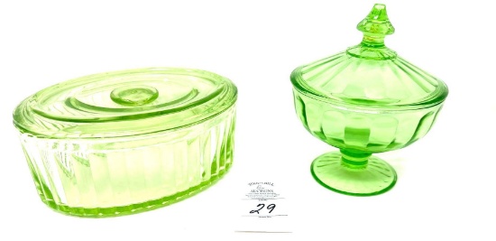 Two antique uranium green depression candy dishes