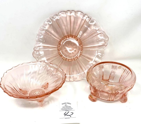 Three vintage pink depression candy dishes