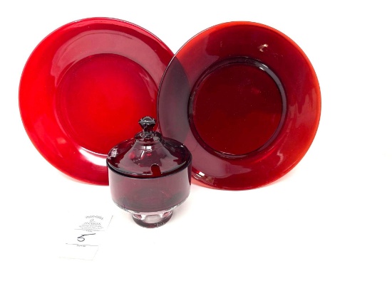 Two vintage red glass 9 in. plates and sugar dish