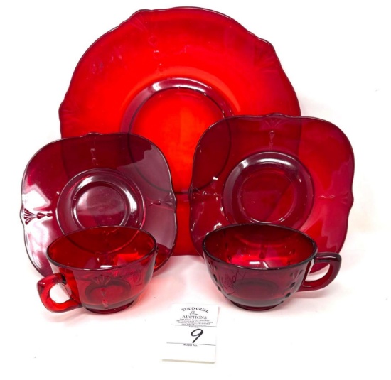 Vintage red 9 in. plate and 2 cups and saucers