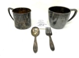 Two antique children?s silver cups, fork and spoon