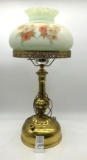 Electrified antique lamp with brass base and painted shade