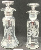 2 - vintage etched glass oil and vinegar cruets with glass stoppers