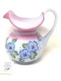 Vintage Fenton hand painted hibiscus on blue burmese 2000 pitcher