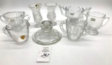 Assorted vintage glassware, candle holder, sugar bowls, creamer, bud vases